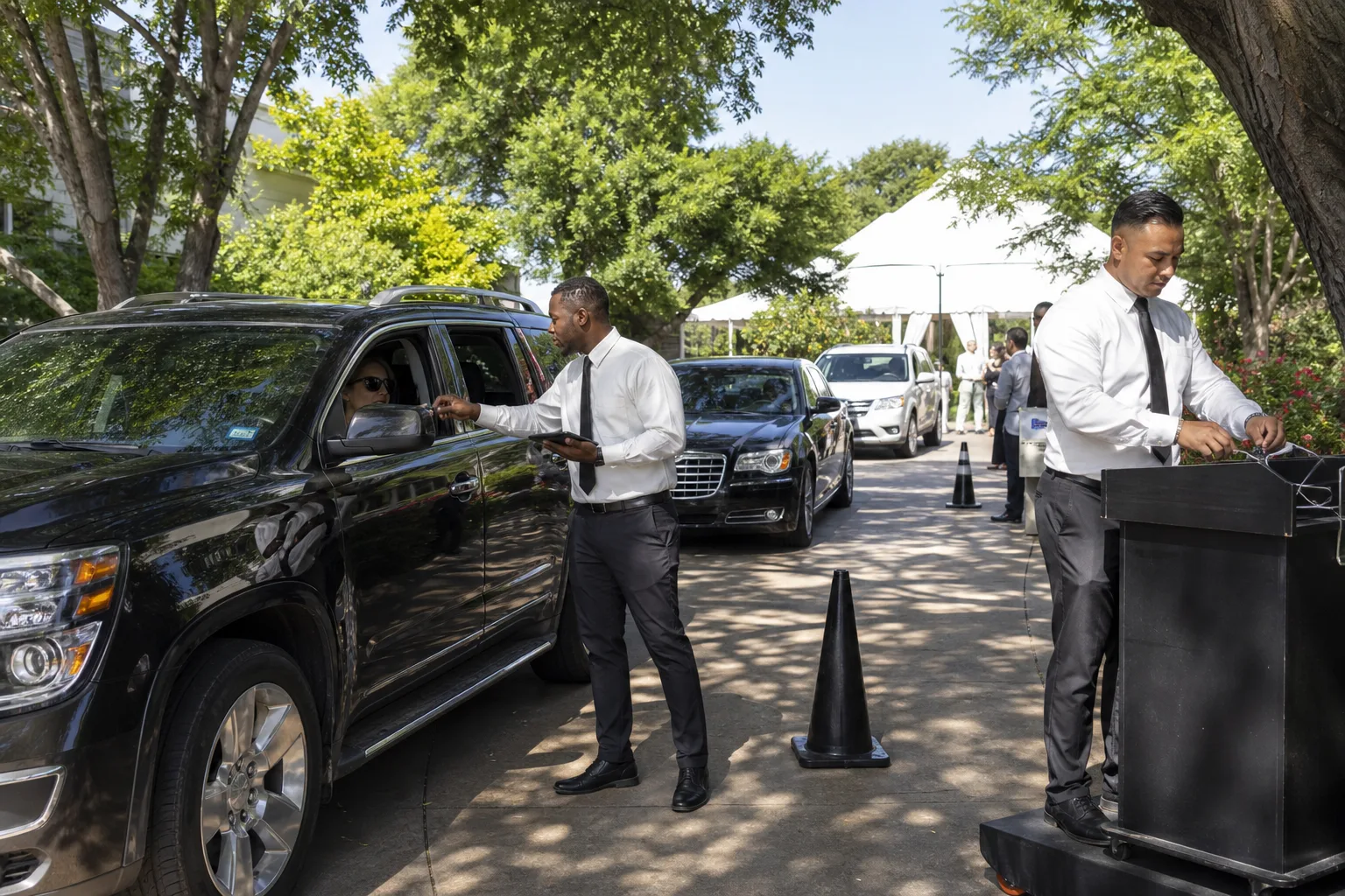 Two uniformed attendants managing a guest arrival lane at a Dallas outdoor event