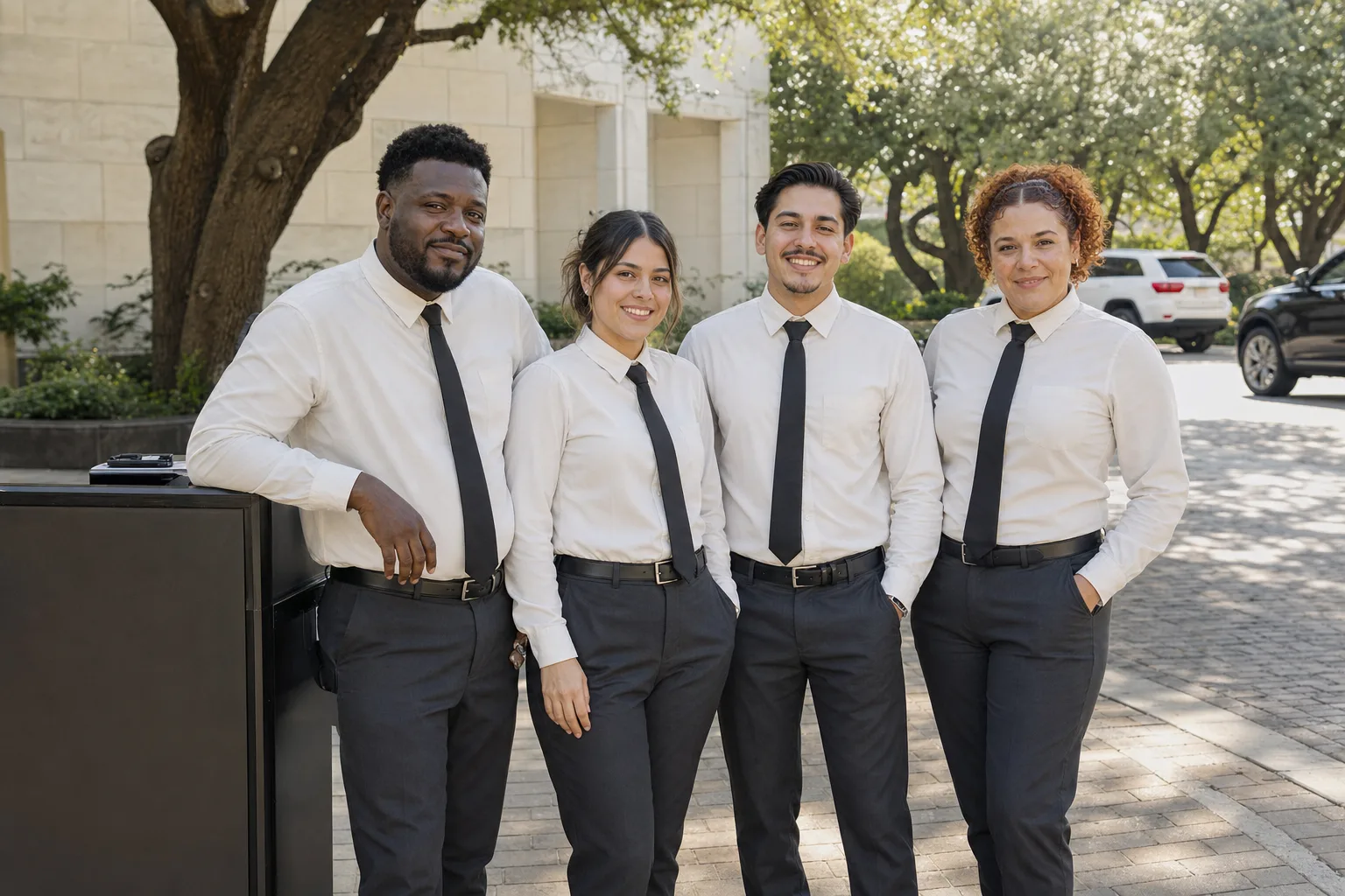 Four diverse uniformed valet attendants beside a black valet podium in Dallas morning light